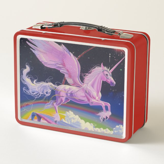 Candy Pink Synthwave Rainbow Highway Unicorn Metal Lunch Box (Back)