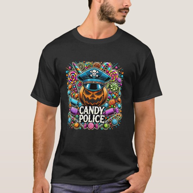 Candy Police Security Funny Pumpkin Halloween Cost T-Shirt (Front)