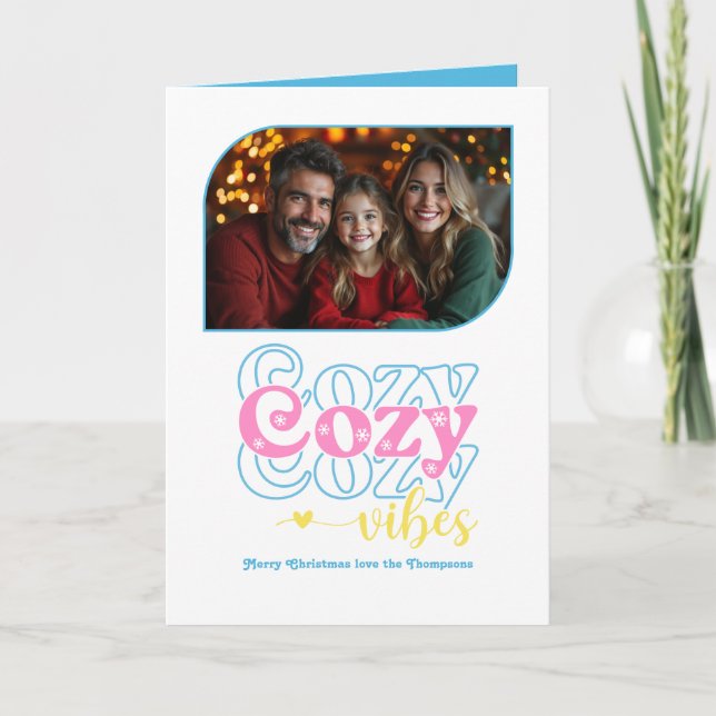 Candy Pop Cozy Vibes Retro Christmas Photo Holiday Card (Front)