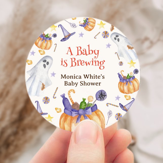 Candy Pumpkin Ghosts Halloween Baby Brewing Shower Classic Round Sticker (Candy Pumpkin Ghosts Halloween Baby Brewing Shower Classic Round Sticker)