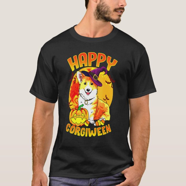 Candy Pumpkin Witch Corgi T-Shirt (Front)