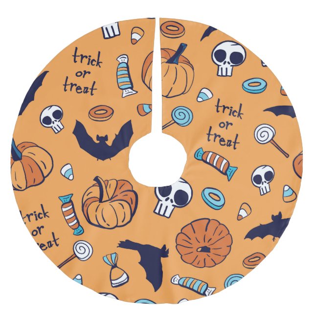 Candy Skull Pumpkin Bat Seamless Pattern. Brushed Polyester Tree Skirt (Front)