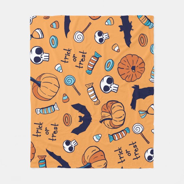 Candy Skull Pumpkin Bat Seamless Pattern. Fleece Blanket (Front)