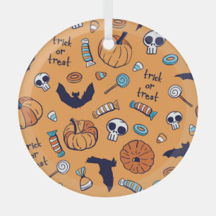 Candy Skull Pumpkin Bat Seamless Pattern. Glass Ornament