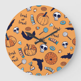 Candy Skull Pumpkin Bat Seamless Pattern. Large Clock