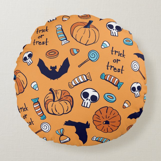 Candy Skull Pumpkin Bat Seamless Pattern. Round Pillow (Front)