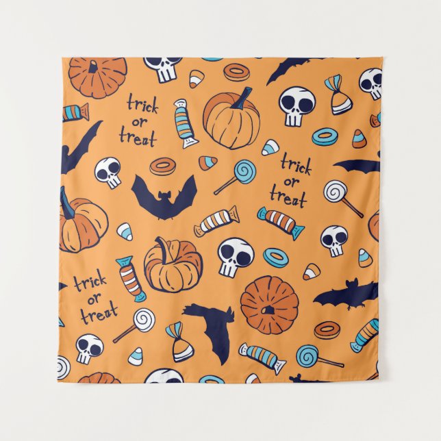 Candy Skull Pumpkin Bat Seamless Pattern. Tapestry (Front)