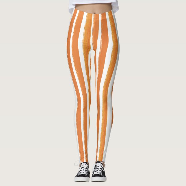 Candy Stripe Art Orange and White Vertical Striped Leggings (Front)