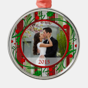 Candy Stripes First Christmas Together Photo Metal Ornament