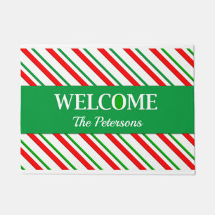 Candy Stripes in Red and Green with Name Doormat