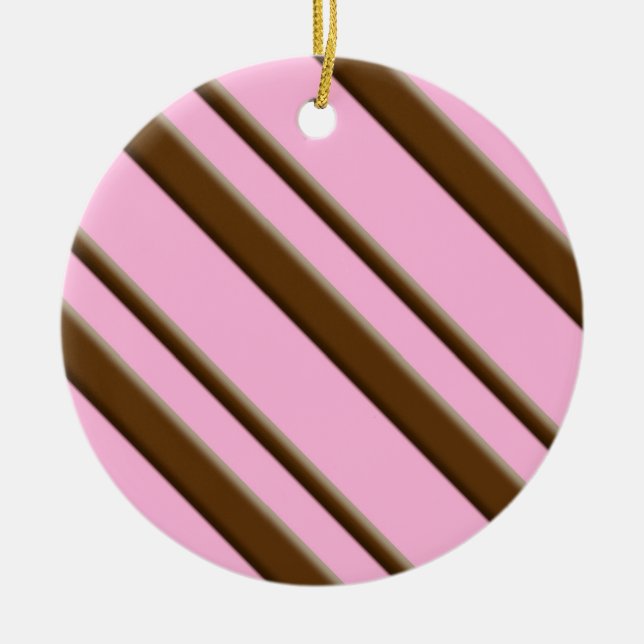 Candy Stripes, pink and chocolate brown Ceramic Ornament (Front)