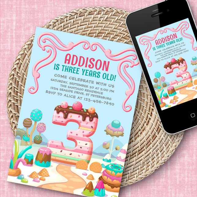 Candy Sweet Girl's Candyland 3rd Birthday Invitation (Creator Uploaded)