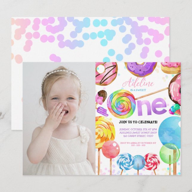 Candy Sweet One 1st Birthday Girl Cute Colourful Invitation (Front/Back)