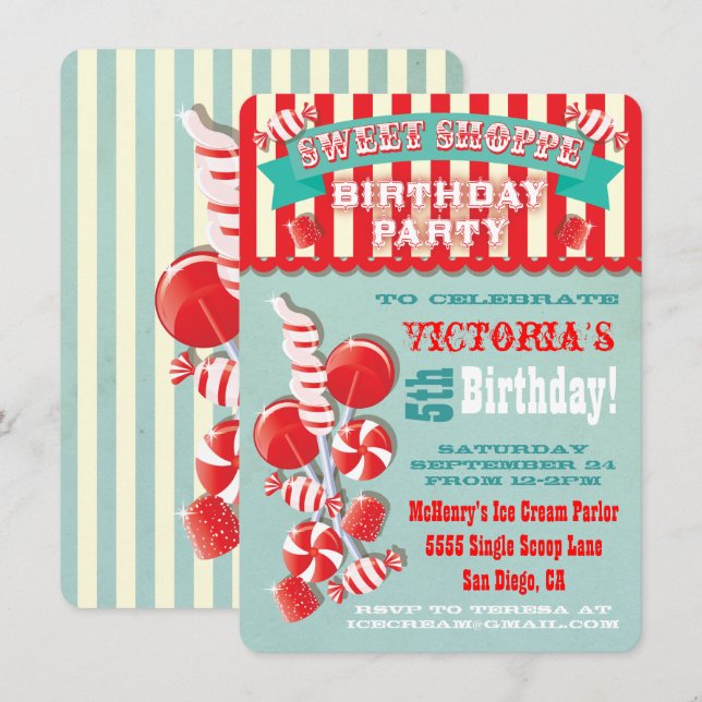 Candy Sweet Shoppe Anniversaire Fête Invitation (Devant / Derrière)