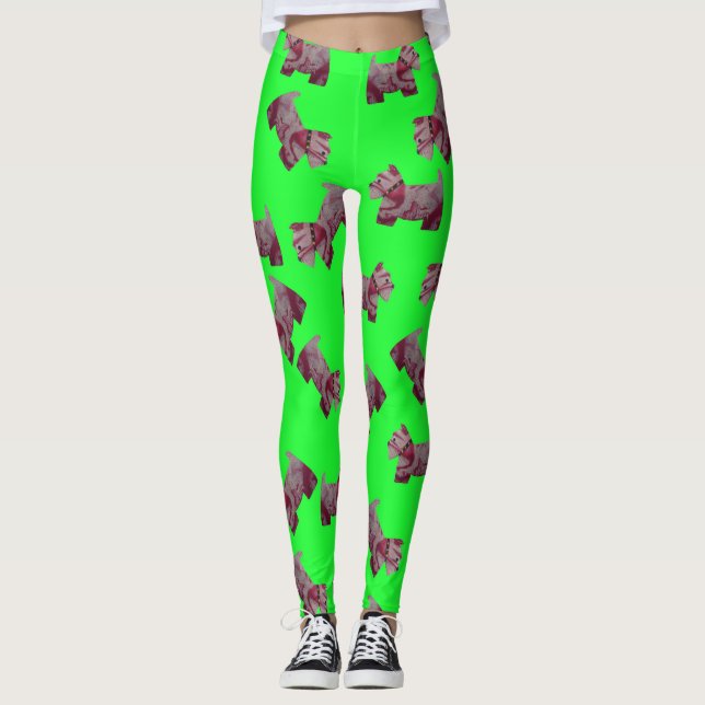 Candy Swirl Scottie Terrier green background Leggings (Front)