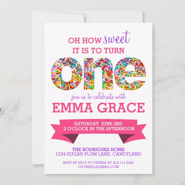 Candy Theme 1st Birthday Party Sprinkles Invite (Front)