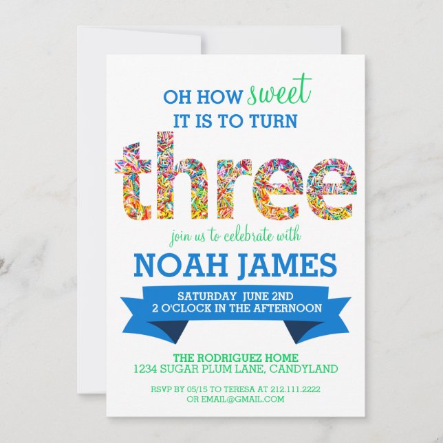 Candy Theme 3rd Birthday Party Sprinkles BLUE Invitation (Front)