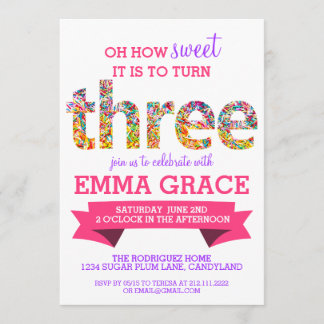 Candy Theme 3rd Birthday Party Sprinkles Invite