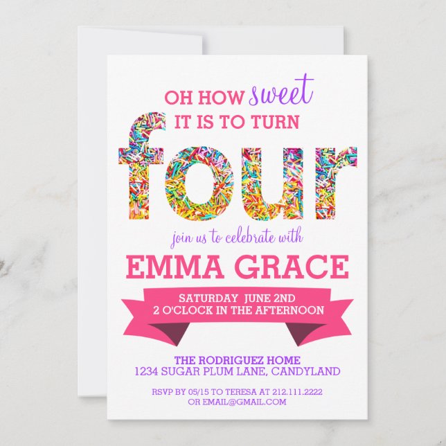 Candy Theme 4th Birthday Party Sprinkles Invite (Front)