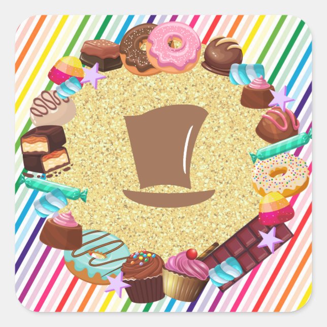 Candy theme, chocolate, food, doughnuts, rainbow p square sticker (Front)