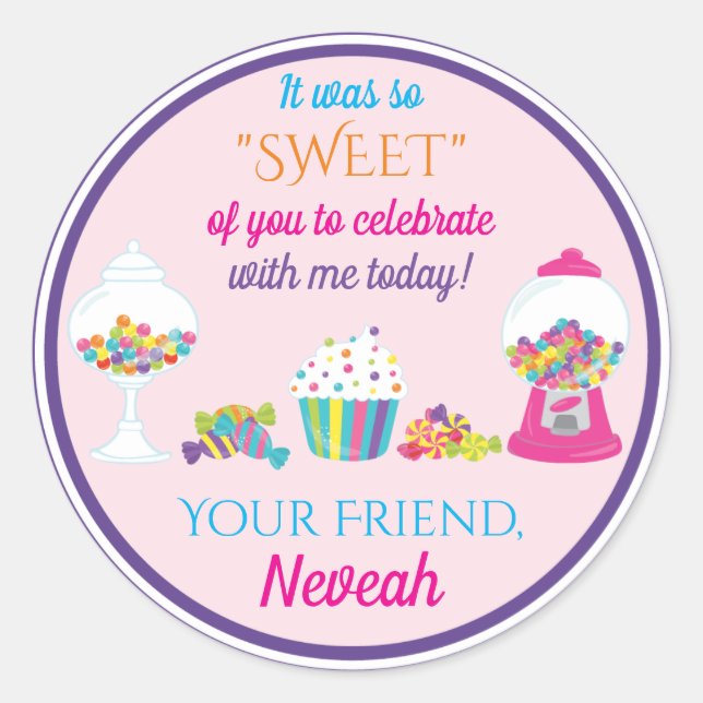 Candy Themed thank you party favour Classic Round Sticker (Front)