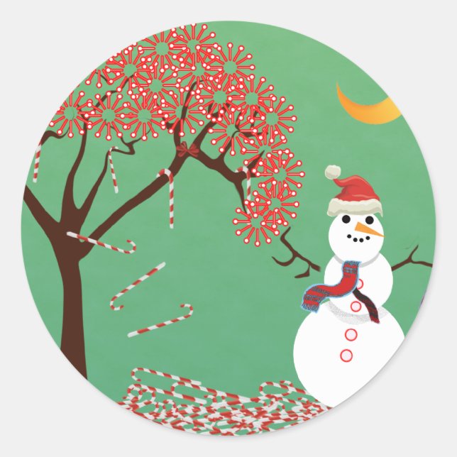 Candycane Tree with Snowman Classic Round Sticker (Front)