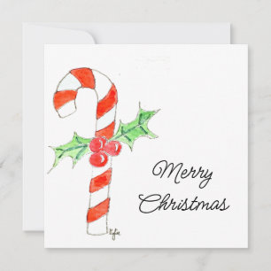 Candycane With Holly Holiday Card