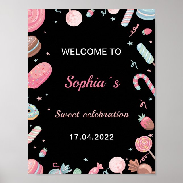 Candyland Affiche de bienvenue d'anniversaire rose (Devant)