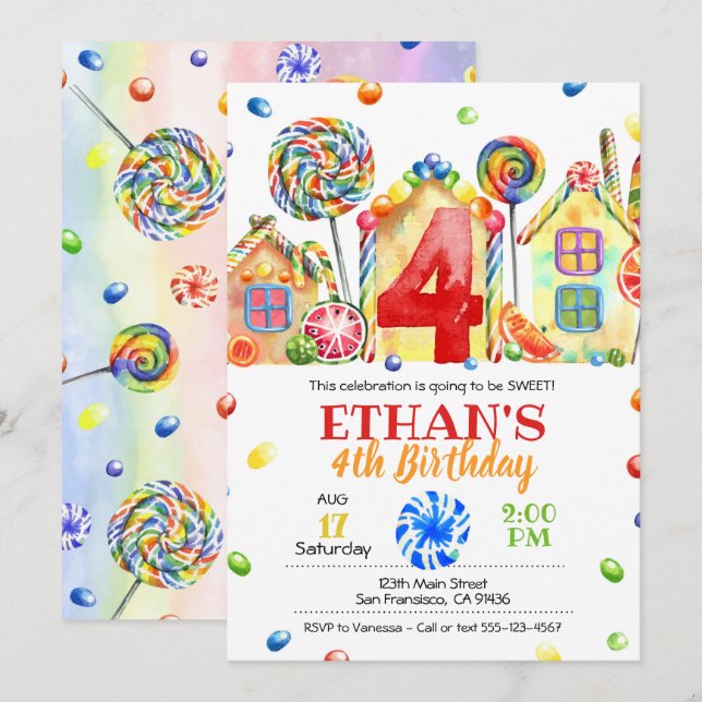 Candyland Candy Invitation for Candy Theme - 4th (Front/Back)