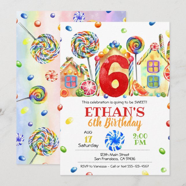 Candyland Candy Invitation pour Candy Thème - 6ème (Devant / Derrière)