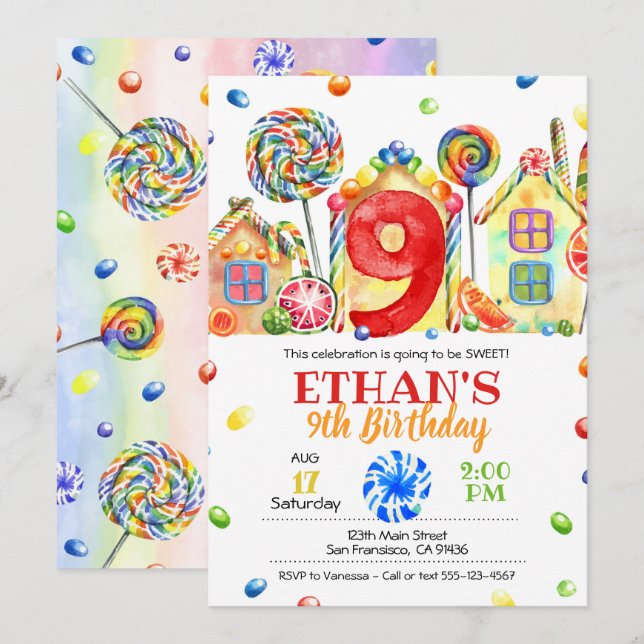Candyland Candy Invitation pour le thème des bonbo (Devant / Derrière)