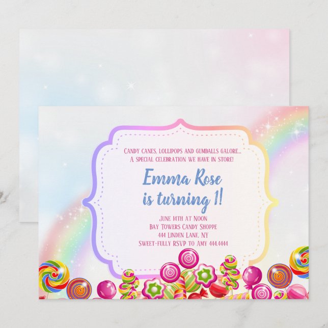 Candyland candy theme birthday party invitation (Front/Back)