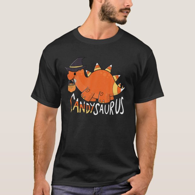 Candysaurus Cute Dinosaur Candy Corn Halloween T-Shirt (Front)
