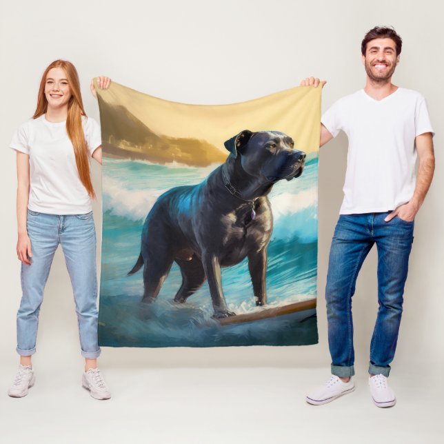 Cane Corso Beach Surfing Painting Fleece Blanket (In Situ)