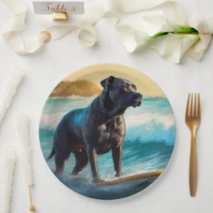 Cane Corso Beach Surfing Painting Paper Plate