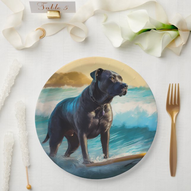 Cane Corso Beach Surfing Painting Paper Plate (Wedding)