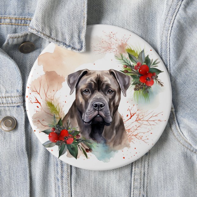 Cane Corso Christmas Wreath Festive Pup 6 Inch Round Button (In Situ)