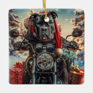 Cane Corso Dog Riding Motorcycle Christmas Ceramic Ornament