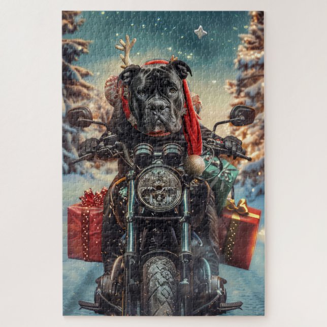 Cane Corso Dog Riding Motorcycle Christmas  Jigsaw Puzzle (Vertical)