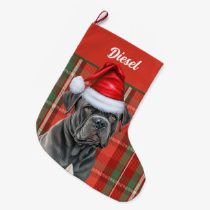 Cane Corso Dog with Red Holiday Plaid Personalized Large Christmas Stocking