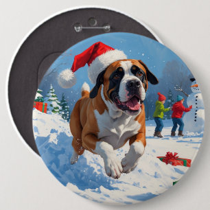 Cane Corso Running in Snow with Christmas Hat 6 Inch Round Button