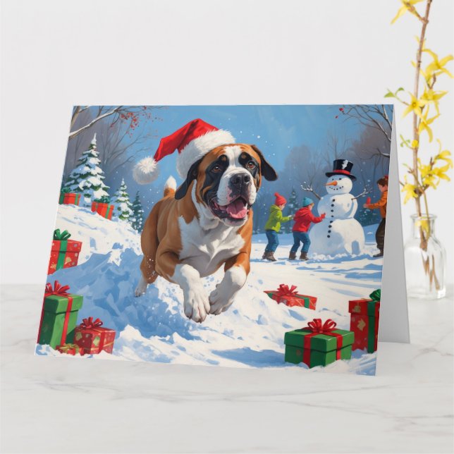 Cane Corso Running in Snow with Christmas Hat Card (Yellow Flower)