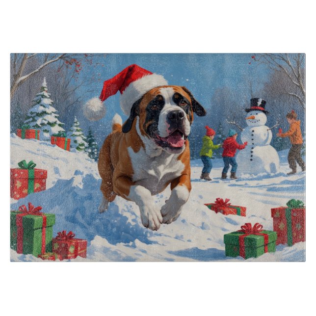 Cane Corso Running in Snow with Christmas Hat Cutting Board (Front)