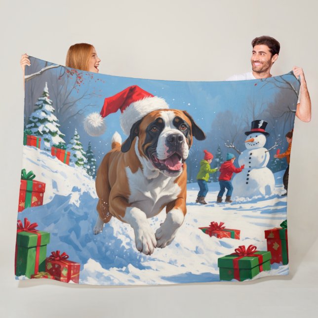 Cane Corso Running in Snow with Christmas Hat Fleece Blanket (In Situ)