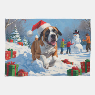 Cane Corso Running in Snow with Christmas Hat Kitchen Towel