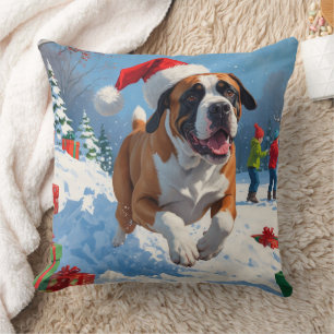 Cane Corso Running in Snow with Christmas Hat Throw Pillow