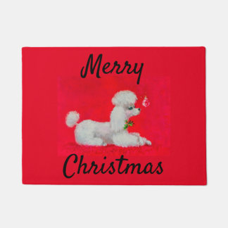 Caniche blanche sur tapis rouge Noël