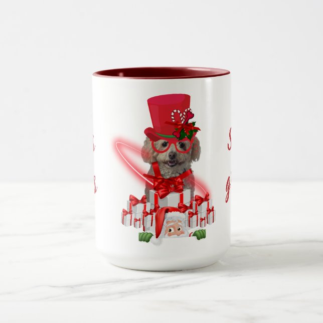 Caniche Joyeuses Fêtes Mug à café rouge et blanc (Centre)