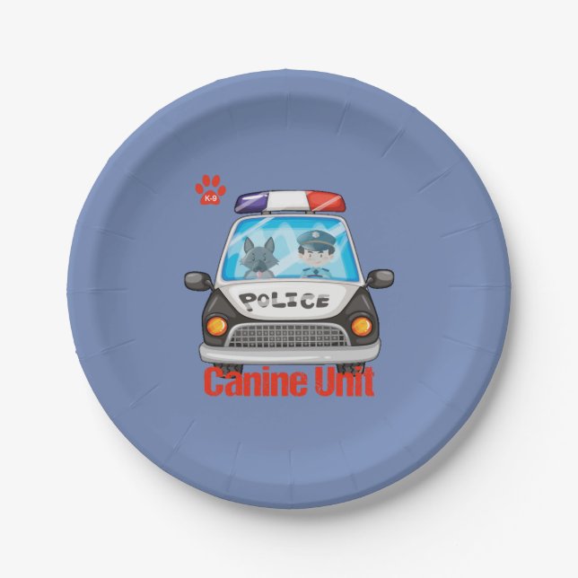 Canine Unit Policeman and Police Dog In Police Car Paper Plate (Front)