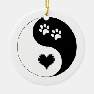 Canine Yin Yang Heart and Dog Paws Ceramic Ornament